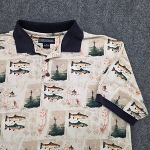 Vtg Crossings Mens XL Polo Shirt Fishing Trout Graphic All Over Print  Cotton